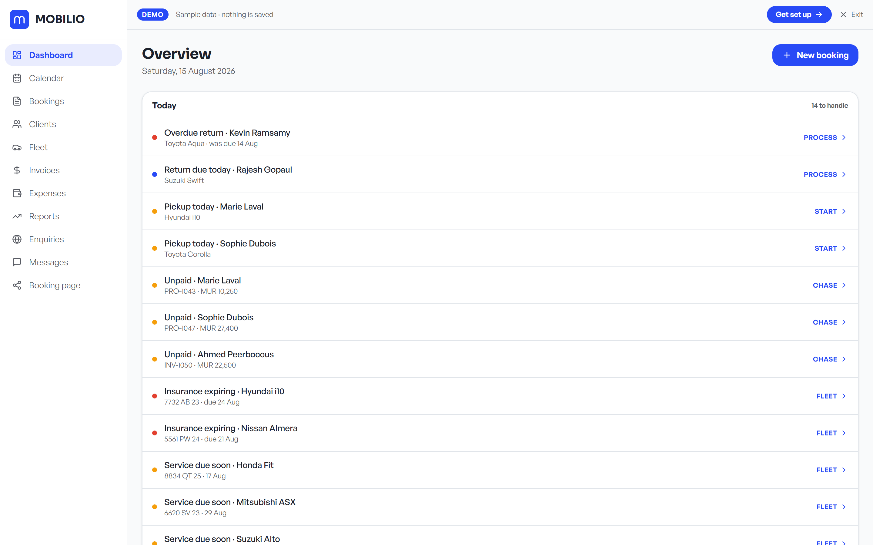 Mobilio dashboard with the Today action list