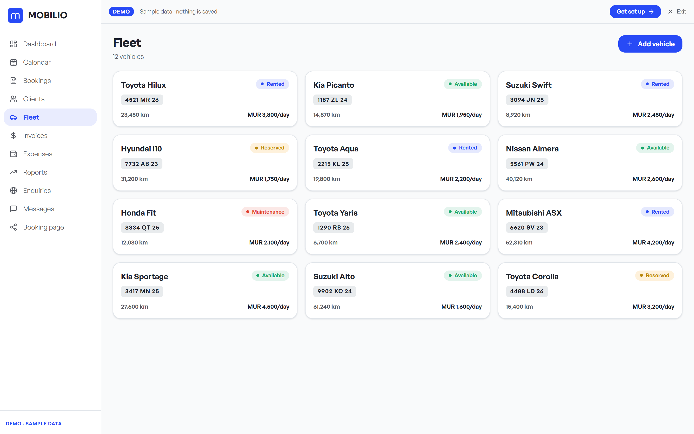 Mobilio fleet list with live vehicle status