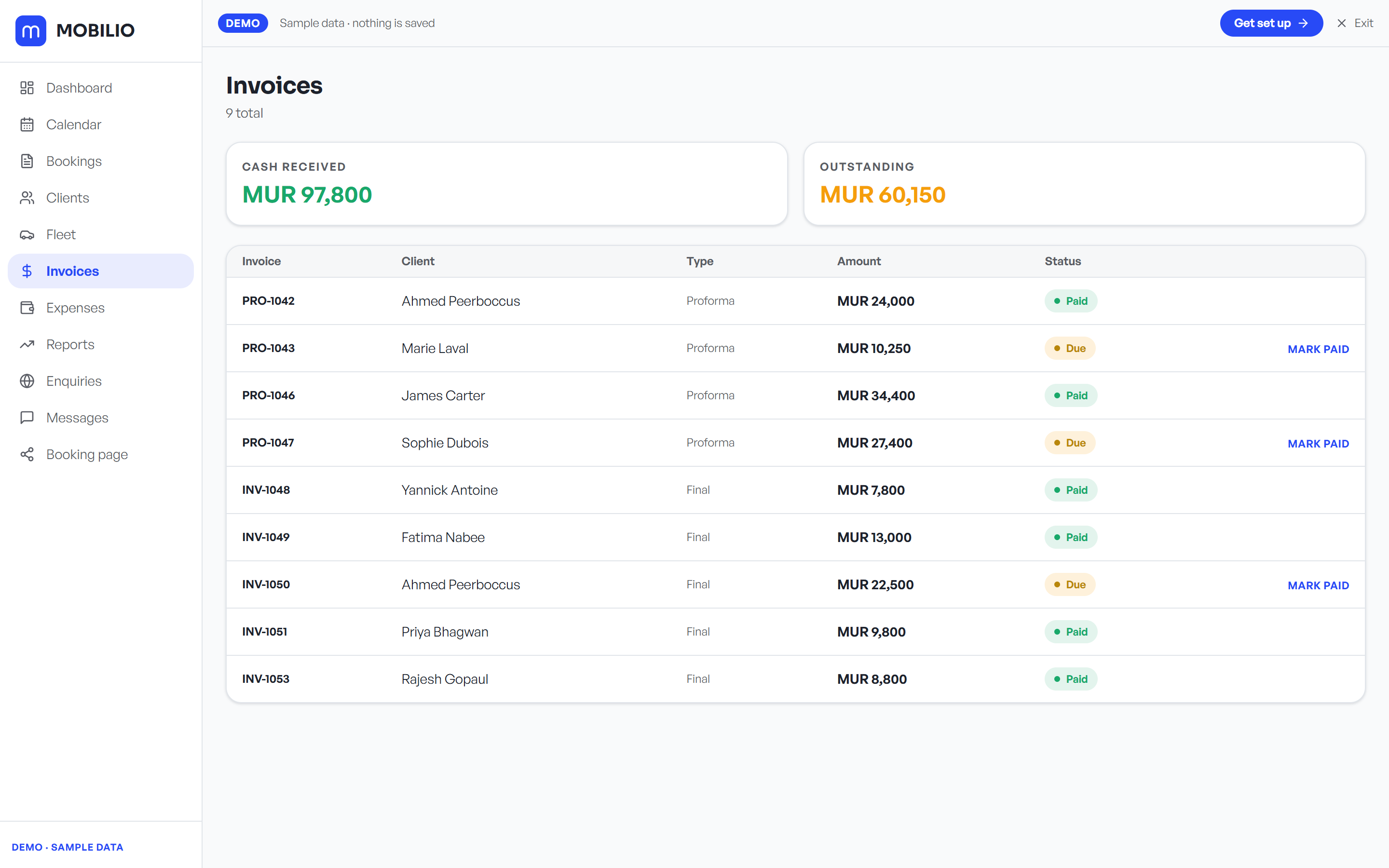 Mobilio invoices, paid and outstanding